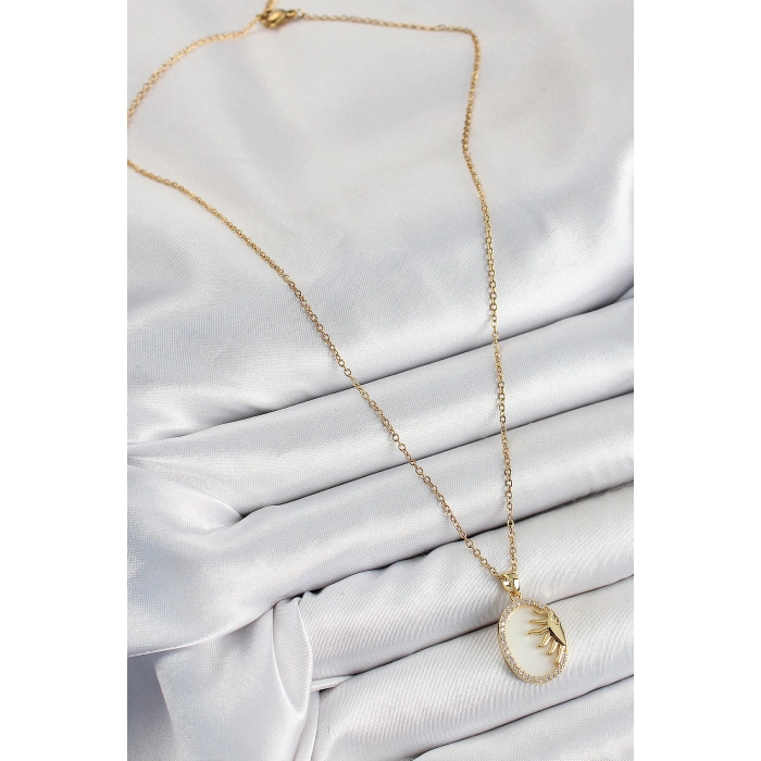 316L Çelik Zirkon Taşlı Yarım Güneş Model Gold Renk Kadın Kolye - Lisinya