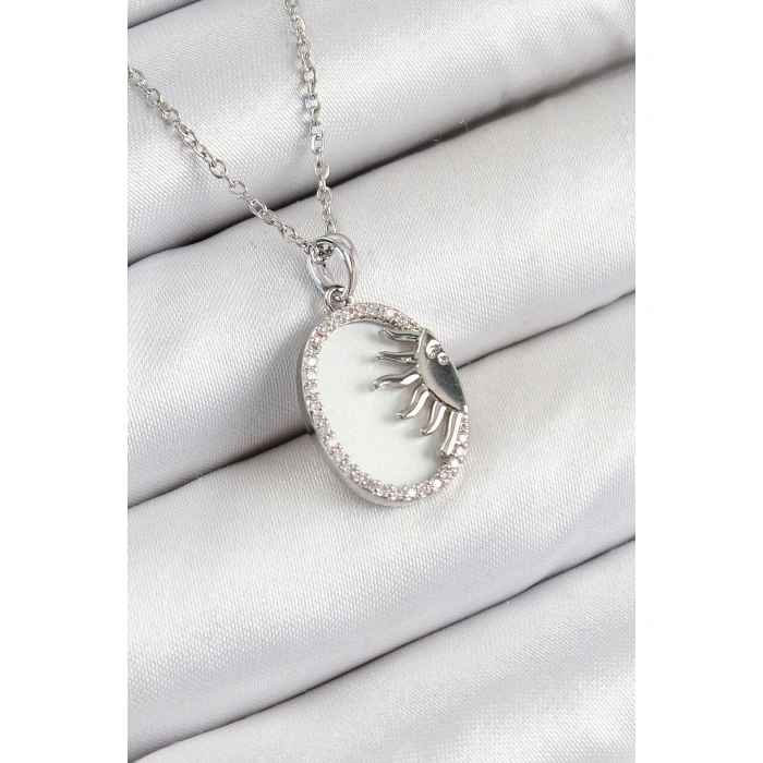 316L Çelik Zirkon Taşlı Yarım Güneş Model Gümüş Renk Kadın Kolye - Lisinya