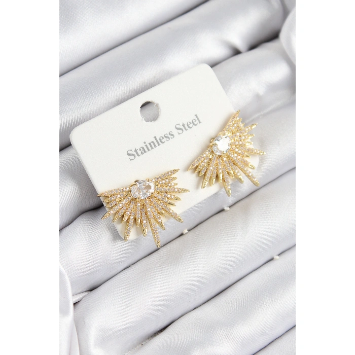 316L Çelik Zirkon Taşlı Yelpaze Model Gold Renk Kadın Küpe - Lisinya