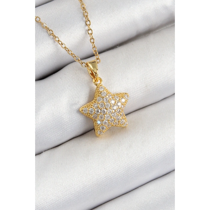 316L Çelik Zirkon Taşlı Yıldız Model Gold Renk Kadın Kolye - Lisinya