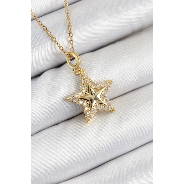316L Çelik Zirkon Taşlı Yıldız Model Gold Renk Kadın Kolye - Lisinya