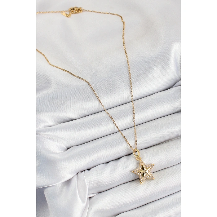 316L Çelik Zirkon Taşlı Yıldız Model Gold Renk Kadın Kolye - Lisinya
