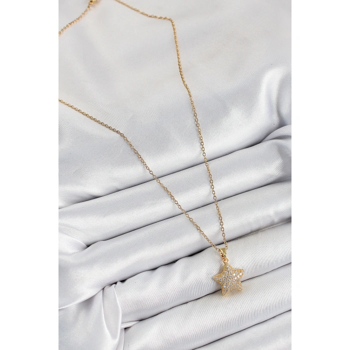 316L Çelik Zirkon Taşlı Yıldız Model Gold Renk Kadın Kolye - Lisinya