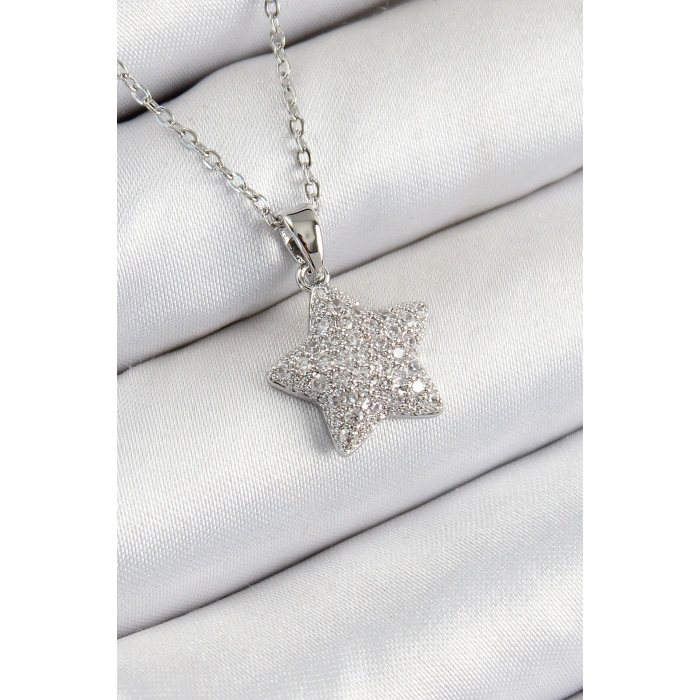 316L Çelik Zirkon Taşlı Yıldız Model Gümüş Renk Kadın Kolye - Lisinya