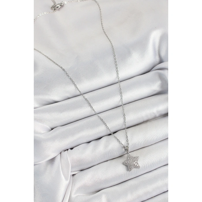 316L Çelik Zirkon Taşlı Yıldız Model Gümüş Renk Kadın Kolye - Lisinya