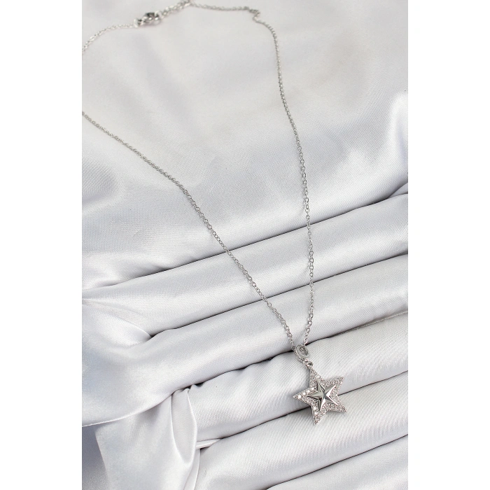 316L Çelik Zirkon Taşlı Yıldız Model Gümüş Renk Kadın Kolye - Lisinya