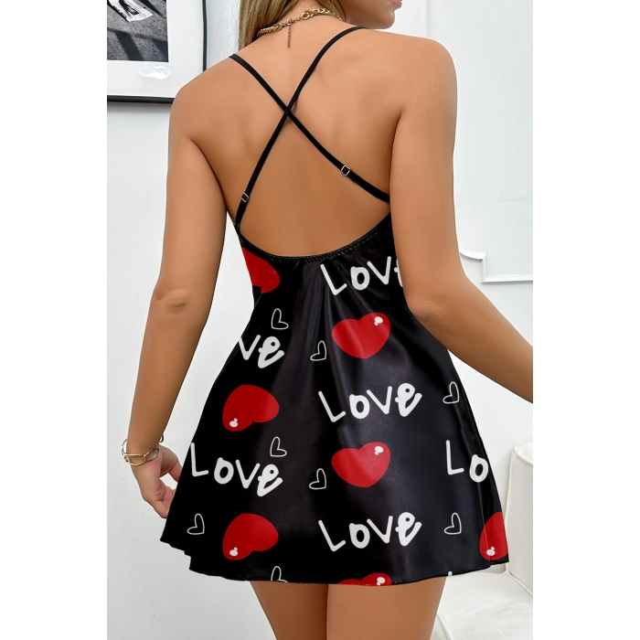 Ask Temalı Kalp Desenli  Saten