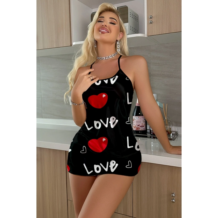 Ask Temalı Kalp Desenli  Saten