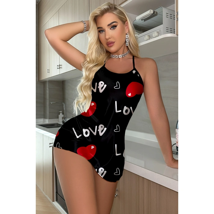 Ask Temalı Kalp Desenli  Saten