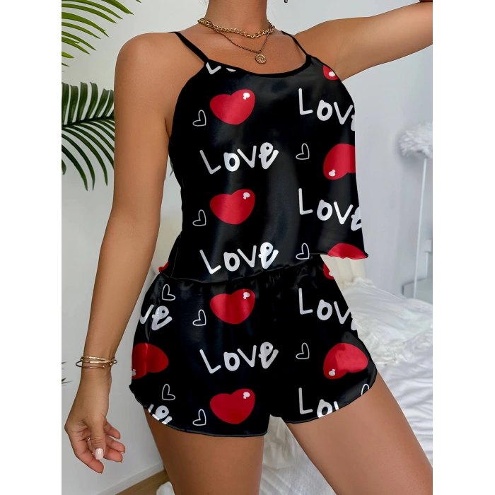Ask Temalı Kalp Desenli  Saten Şortlu Gecelik