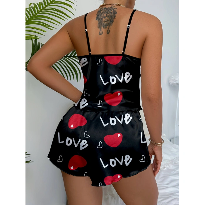 Ask Temalı Kalp Desenli  Saten Şortlu Gecelik