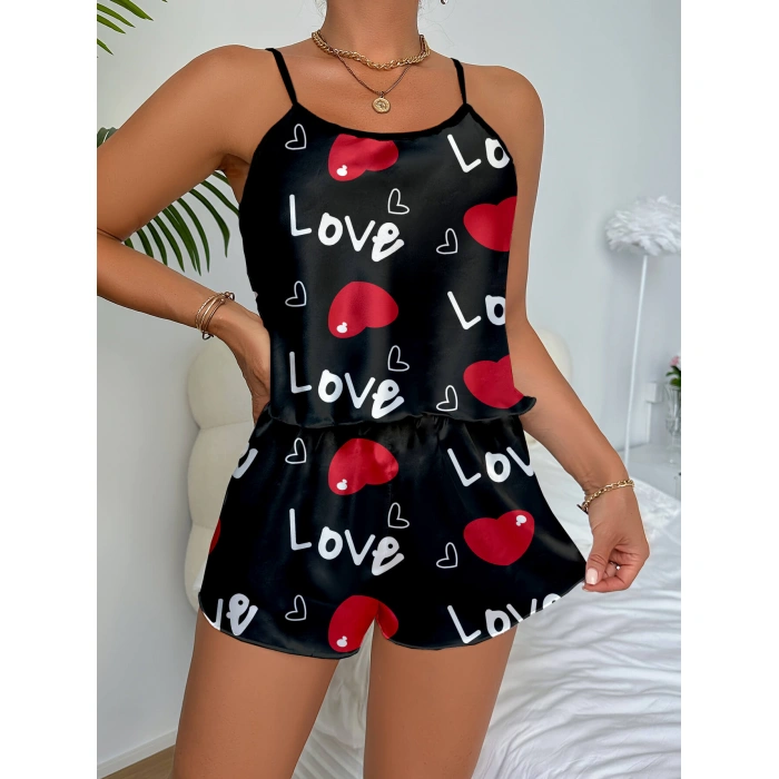 Ask Temalı Kalp Desenli  Saten Şortlu Gecelik