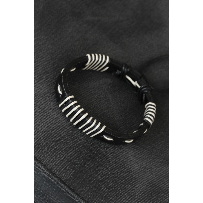 Beyaz İpli Siyah Deri Erkek Bileklik - Lisinya