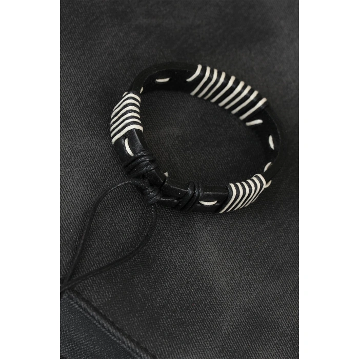 Beyaz İpli Siyah Deri Erkek Bileklik - Lisinya