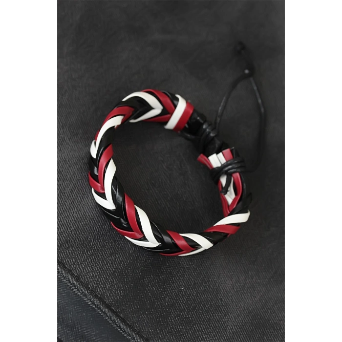 Bordo Beyaz Siyah Örgü Deri Erkek Bileklik - Lisinya
