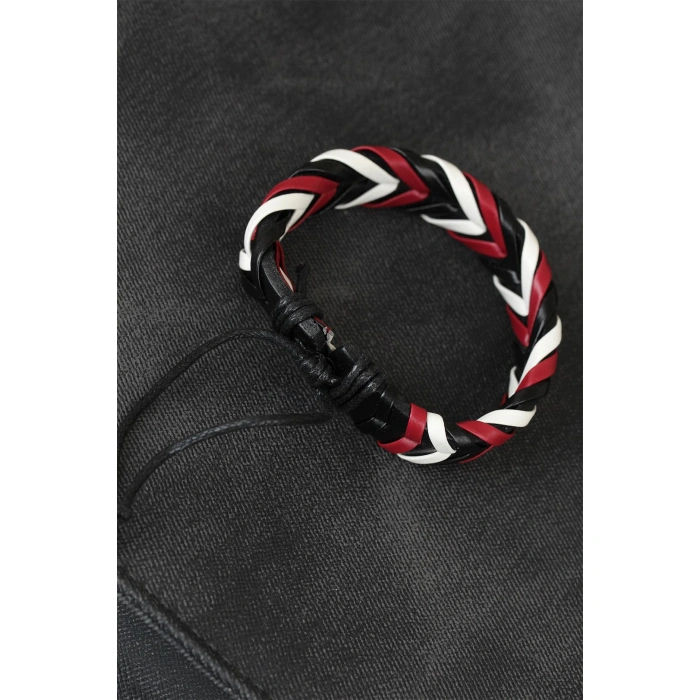 Bordo Beyaz Siyah Örgü Deri Erkek Bileklik - Lisinya