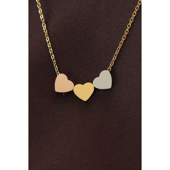 Çelik 3 Renkli Minimal 3lü Kalp Kolye - Lisinya