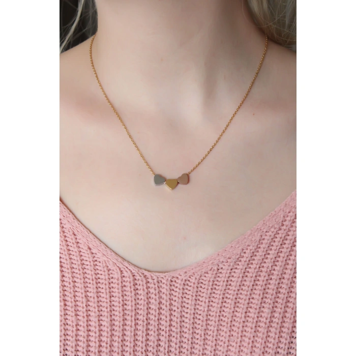 Çelik 3 Renkli Minimal 3lü Kalp Kolye - Lisinya