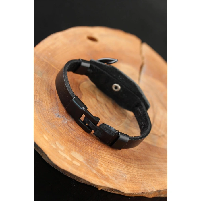 Deniz Çapalı Metal Aksesuarlı Siyah Deri Erkek Bileklik - Lisinya