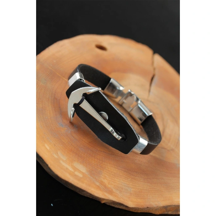 Deniz Çapalı Metal Aksesuarlı Siyah Renk Deri Erkek Bileklik - Lisinya