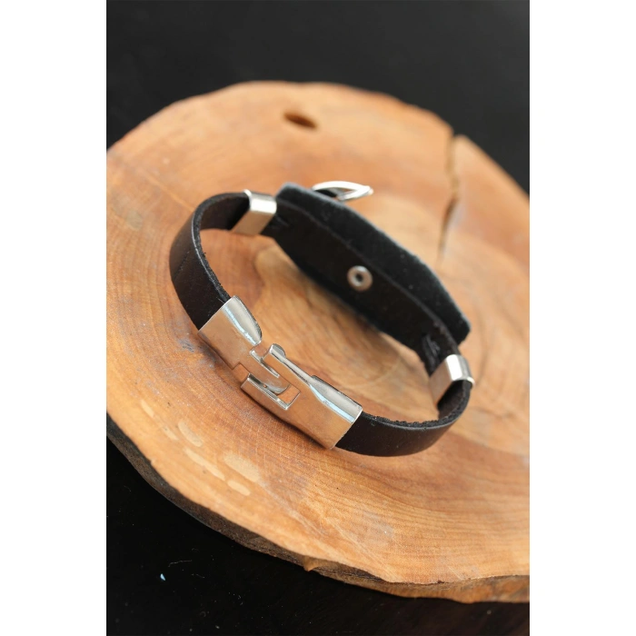 Deniz Çapalı Metal Aksesuarlı Siyah Renk Deri Erkek Bileklik - Lisinya