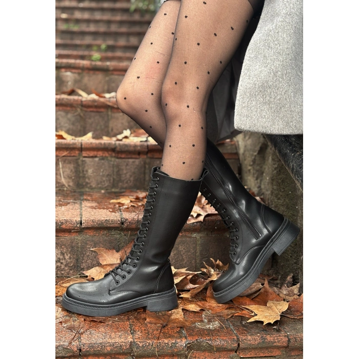 Dorin Siyah Cilt Bağcıklı Çizme - Lisinya