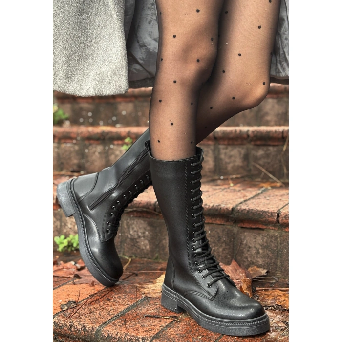 Dorin Siyah Cilt Bağcıklı Çizme - Lisinya