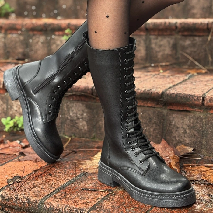 Dorin Siyah Cilt Bağcıklı Çizme - Lisinya