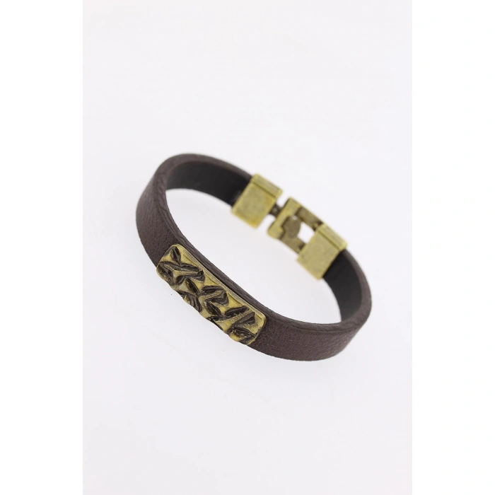 Eskitme Metal Şık Aksesuarlı Kahverengi Deri Erkek Bileklik - Lisinya