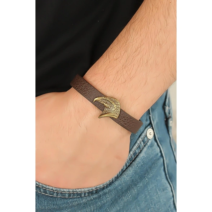 Eskitme Renk Metal Kartal Aksesuarlı Kahverengi Deri Erkek Bileklik - Lisinya