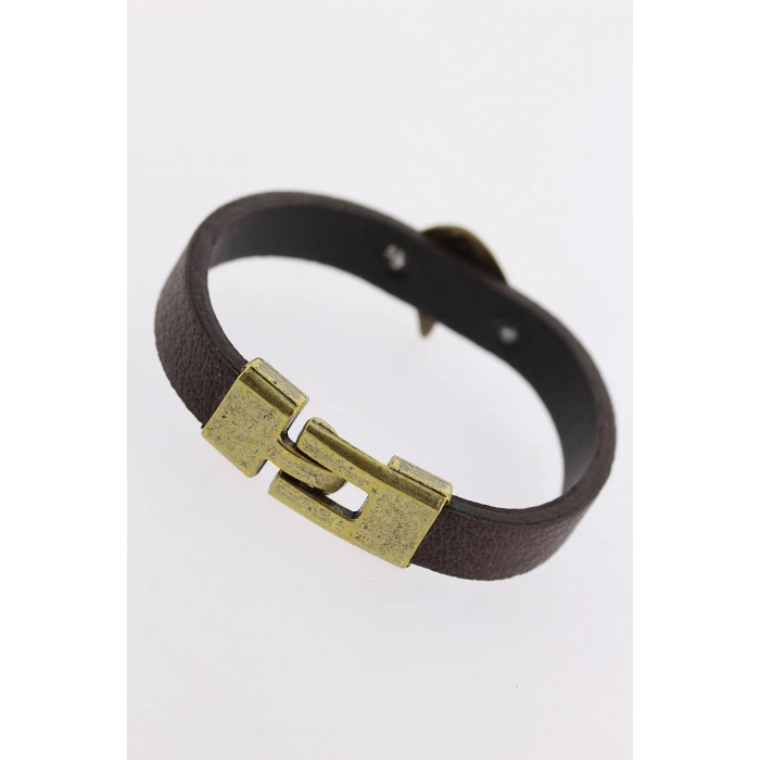 Eskitme Renk Metal Kartal Aksesuarlı Kahverengi Deri Erkek Bileklik - Lisinya