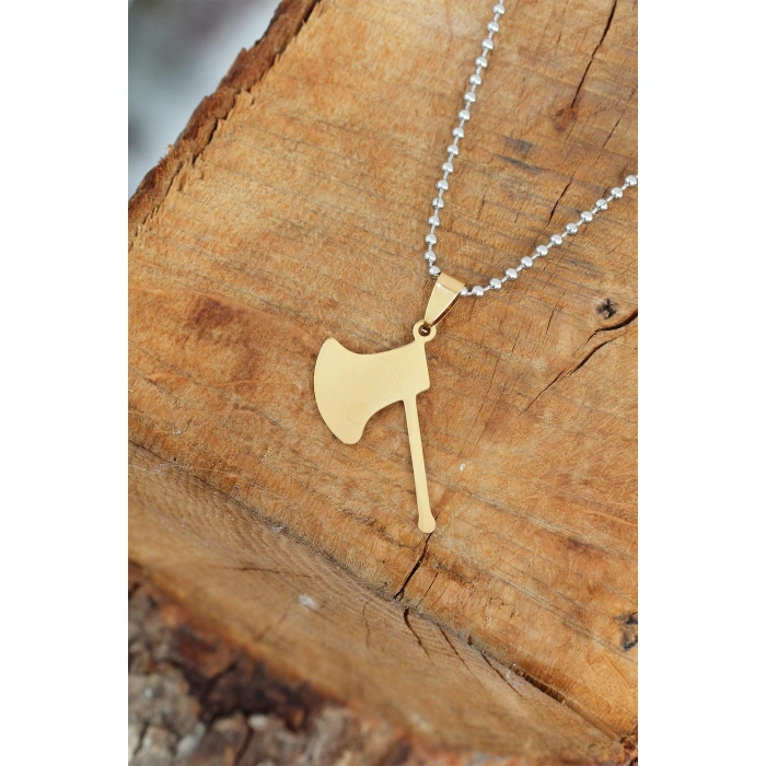 Gold Renk Metal Balta Uçlu Top Zincirli Erkek Kolye - Lisinya