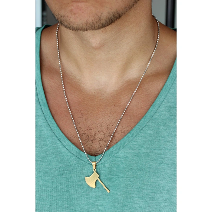 Gold Renk Metal Balta Uçlu Top Zincirli Erkek Kolye - Lisinya