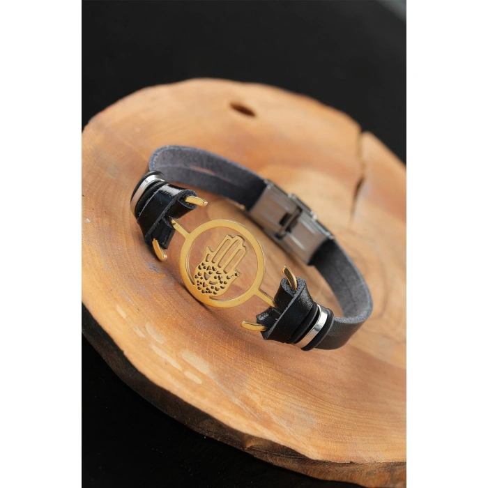 Gold Renk Metal Fatma Ana Eli Tasarım Siyah Renk Deri Erkek Bileklik - Lisinya