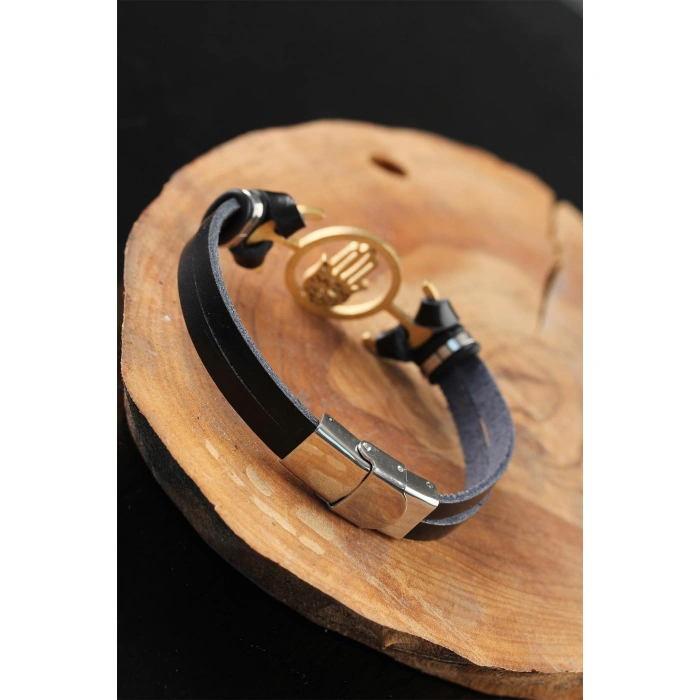 Gold Renk Metal Fatma Ana Eli Tasarım Siyah Renk Deri Erkek Bileklik - Lisinya