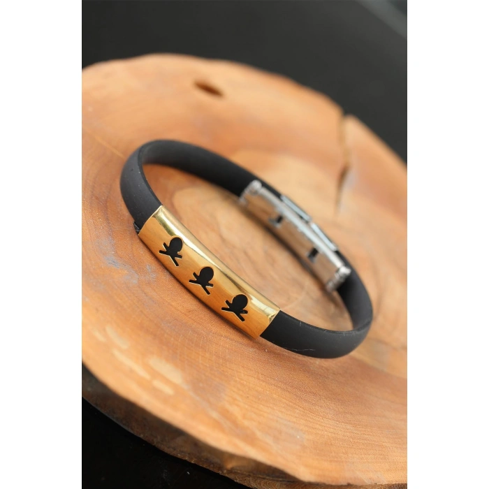Gold Renk Metal Kuru Kafalı Tasarım Siyah Renk Silikon Erkek Bileklik - Lisinya