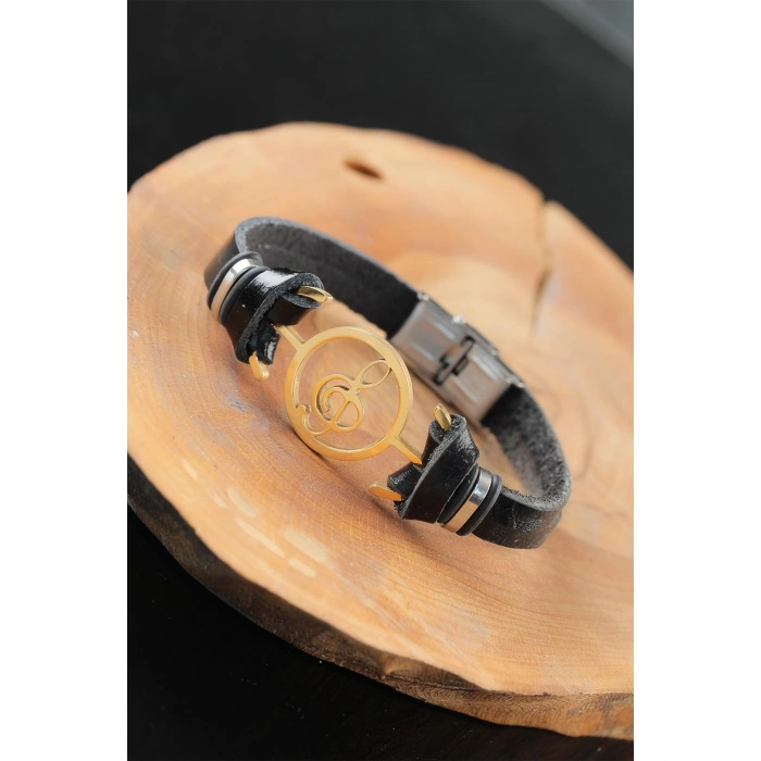 Gold Renk Metal Sol Anahtarlı Tasarım Siyah Renk Deri Erkek Bileklik - Lisinya