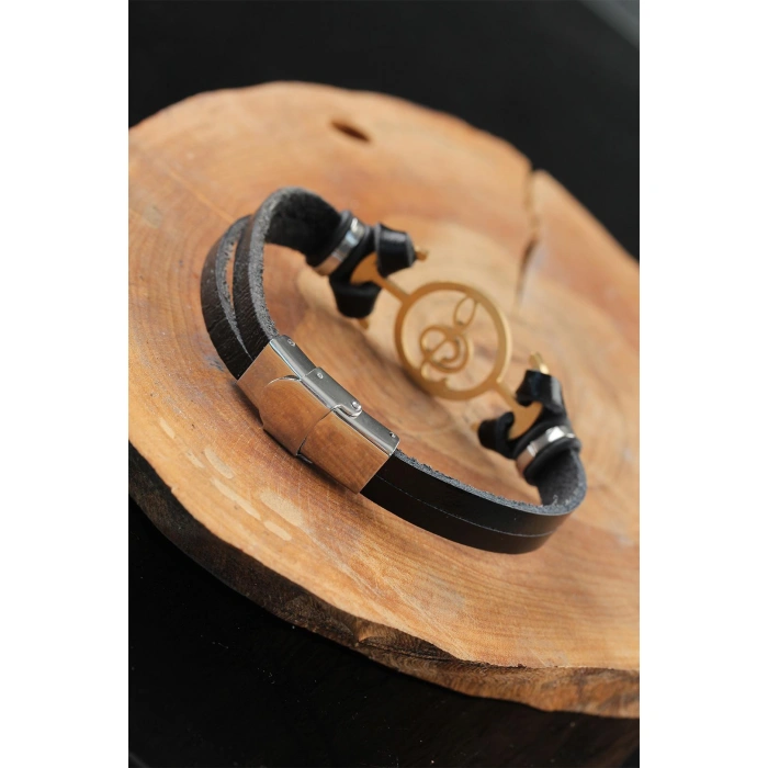 Gold Renk Metal Sol Anahtarlı Tasarım Siyah Renk Deri Erkek Bileklik - Lisinya