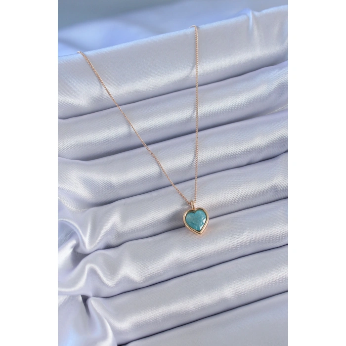 Gold Renk Turkuaz Renk Simli Kalp Model Kadın kolye - Lisinya