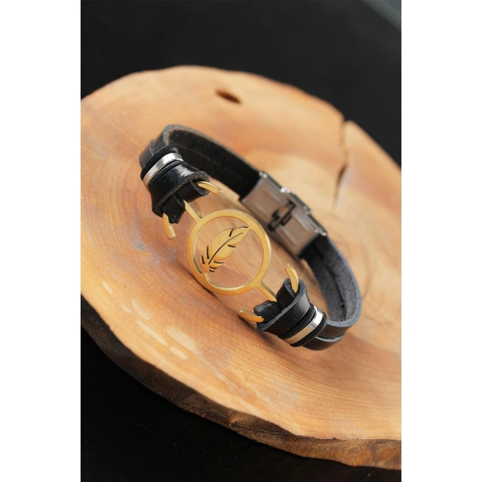 Gold Renk Yapraklı Metal Aksesuarlı Siyah Deri Erkek Bileklik - Lisinya