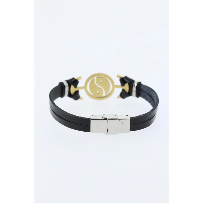 Gold Renk Yin Yang Figürlü Metal Aksesuarlı Siyah Renk Deri Erkek Bileklik - Lisinya