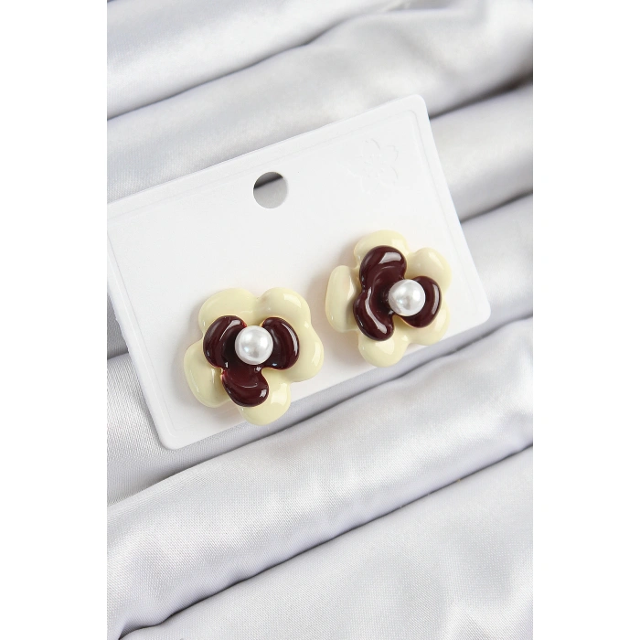 İnci Detaylı Krem Kahverengi Renk Papatya Model Kadın Küpe - Lisinya