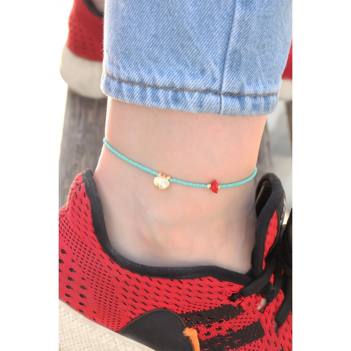 İstiridye Kabuğu Tasarımlı Mavi Boncuk Detaylı Halhal - Lisinya