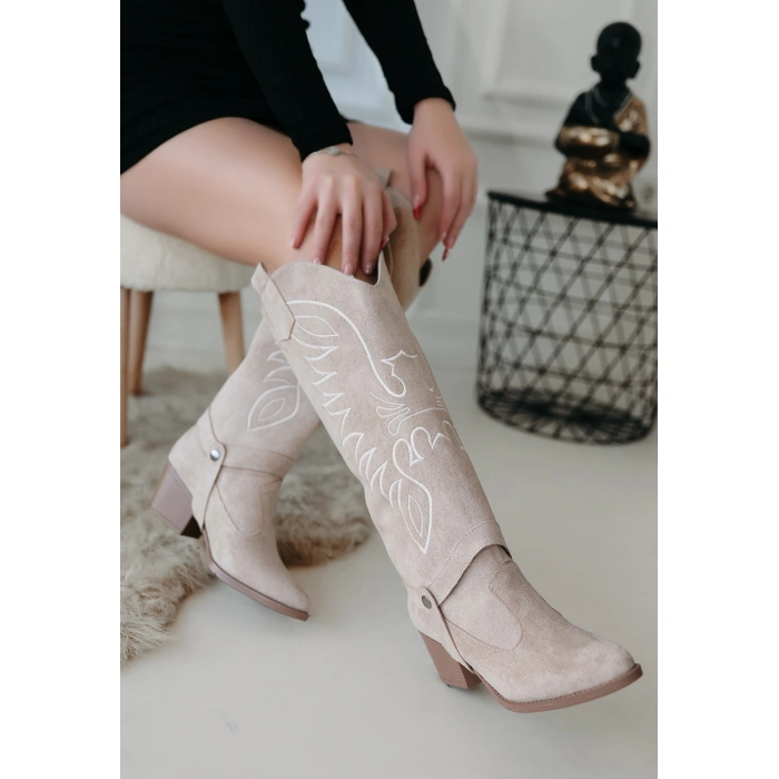Jilla Bej Süet Tak Çıkar Topuklu Bot Ve Çizme - Lisinya