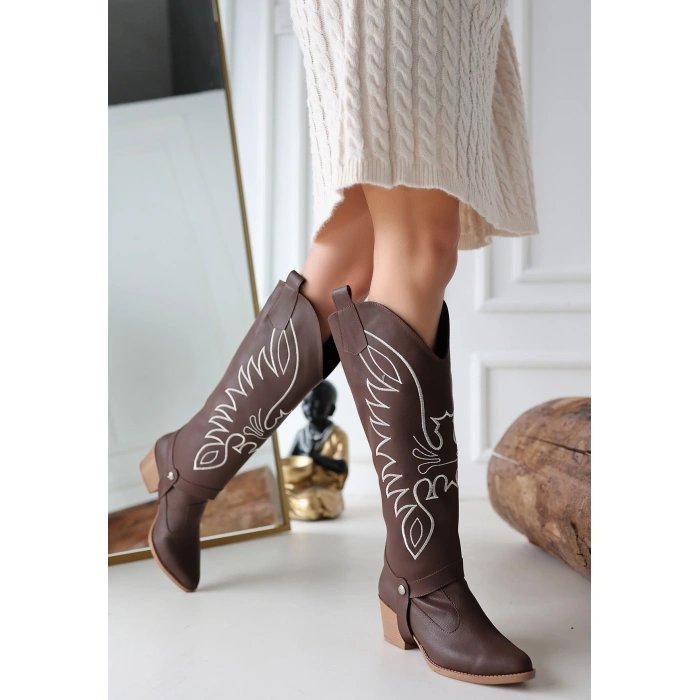 Jilla Kahverengi Cilt Tak Çıkar Topuklu Bot Ve Çizme - Lisinya