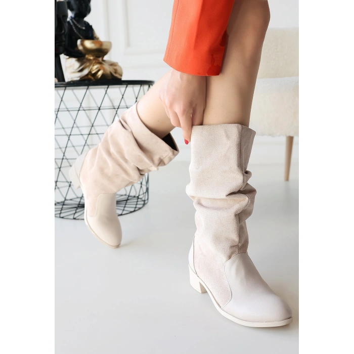 Jolin Bej Cilt Süet Detaylı Çizme - Lisinya