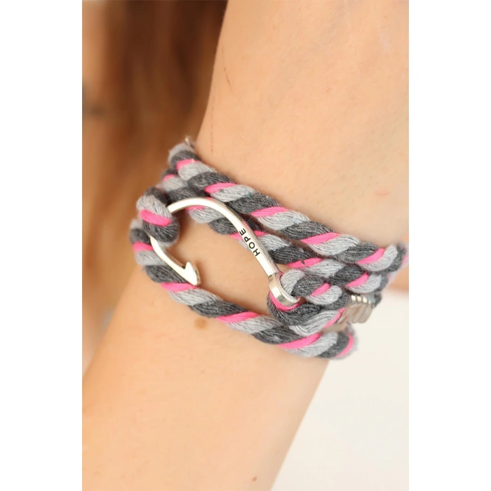 Karışık Desenli Pembe Gri Gümüş Metal Kancalı Bayan Çoklu Bileklik - Lisinya