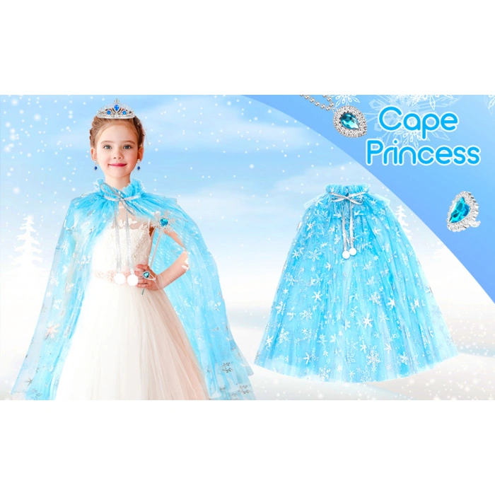 Karlar Ülkesi Elsa Frozen Mavi Pelerin – 80 cm Kar Desenli Çocuk Pelerini ( Taç Hariç )