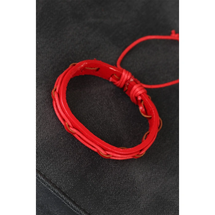 Kırmızı Renk Ayarlamalı İpli Deri Erkek Bileklik - Lisinya