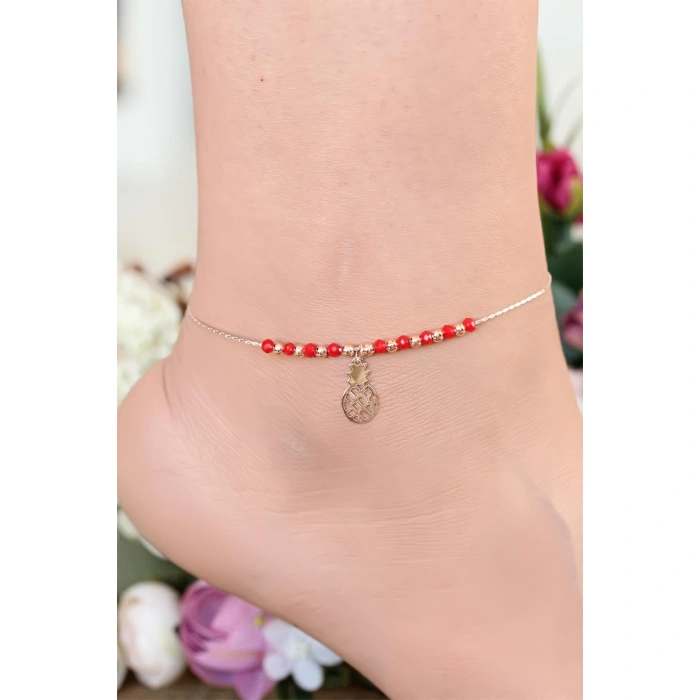 Kırmızı Renk Miyuki Taşlı Ananas Figürlü Metal Hal Hal - Lisinya